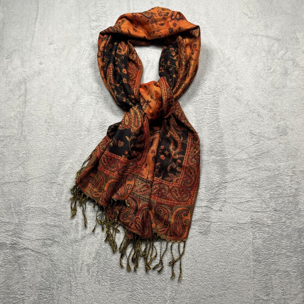Pashmina Reversable Shawl Women Burgundy Orange Paisley Woven Fringed Wrap OS